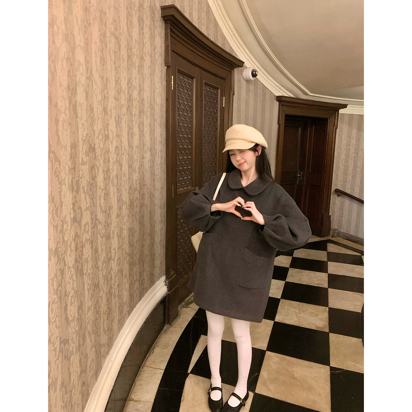 张爆爆 灰色羊毛呢外套  加厚直筒毛呢裙 小个子毛呢外套 