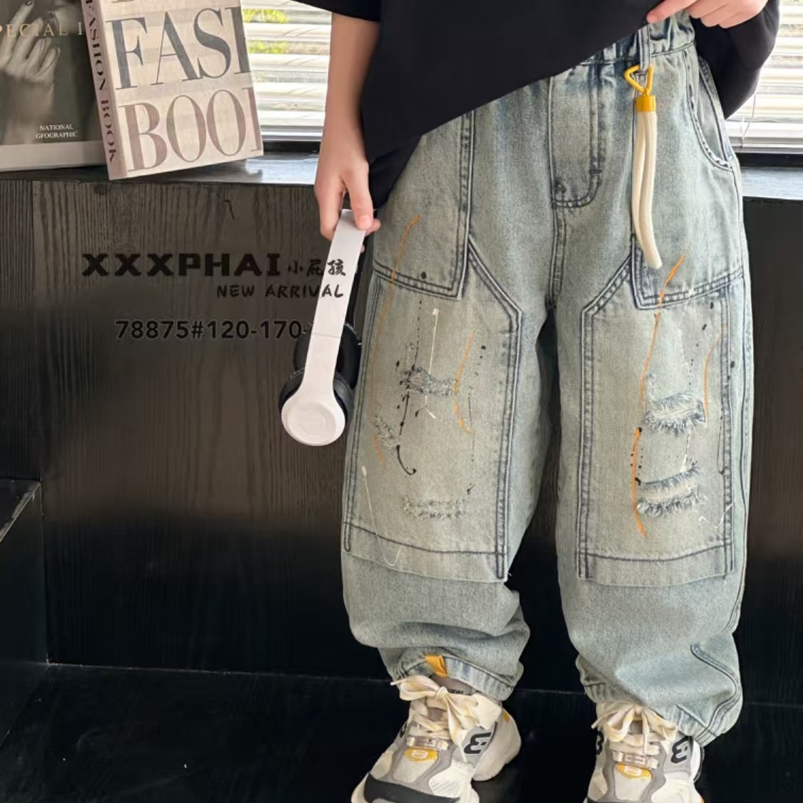 2025春秋款牛仔裤工装潮酷风休闲百搭中大童男童破洞宽松