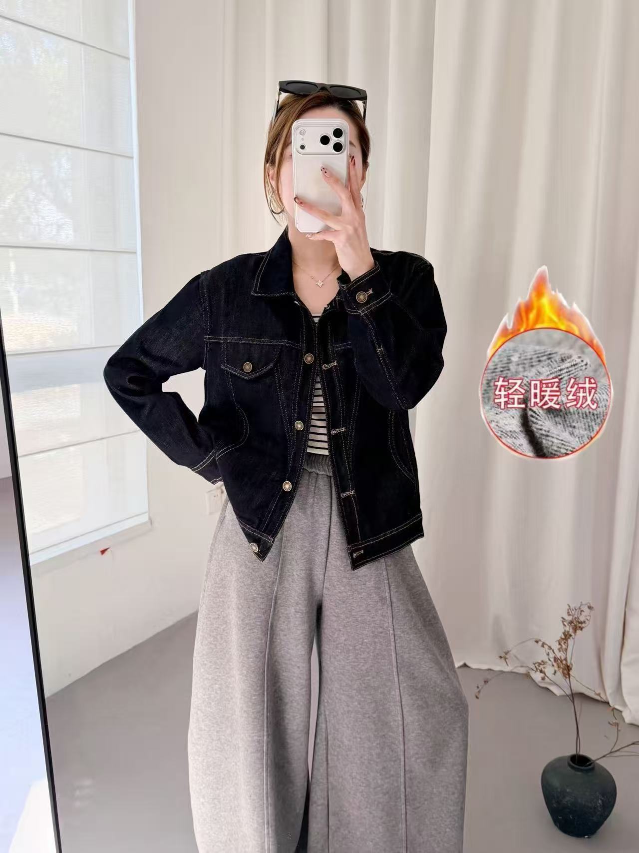 【不掉色】丹宁短款复古牛仔外套秋冬爆款夹克袋盖植绒加厚【777】