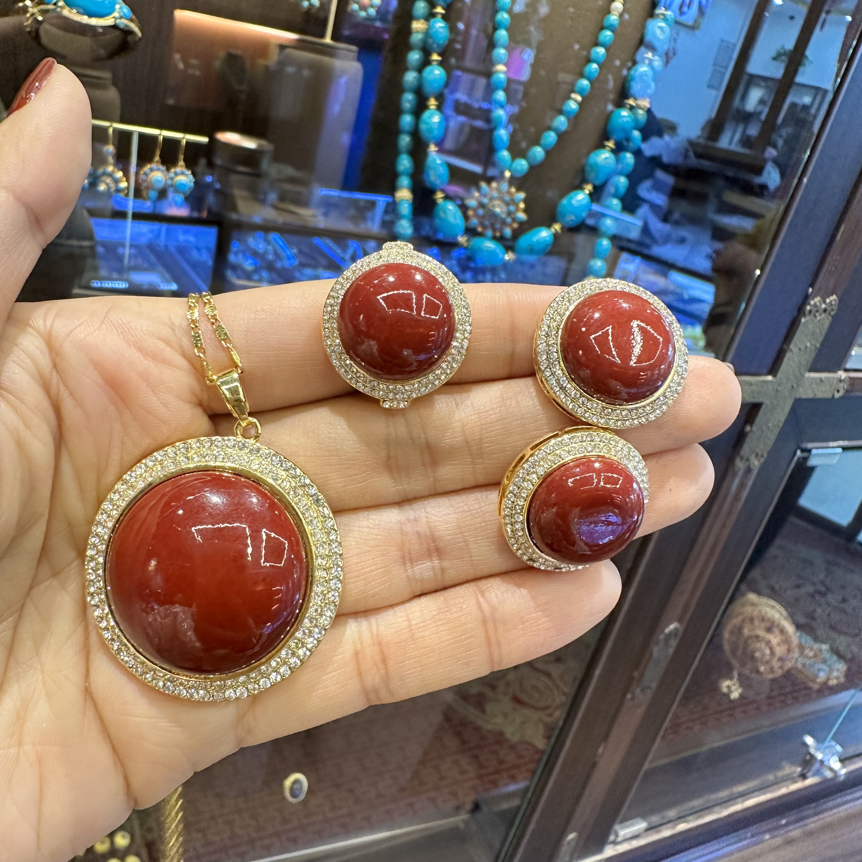 铜合金合成锆石吊坠 红色太阳花三件套