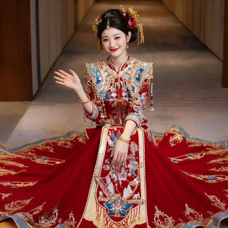 丝绒秀禾服2025新款重工新娘敬酒中式嫁衣结婚礼服婚服出阁两件套