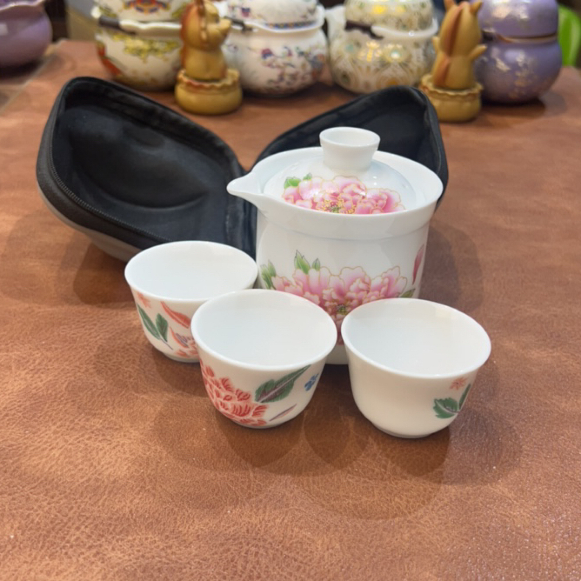 327一壶三杯旅行茶具粉色牡丹