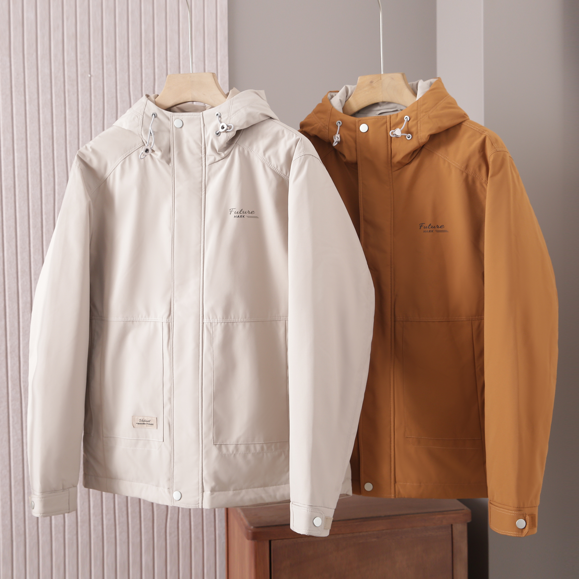 123-男士冬季两色连帽休闲百搭净色鸭绒外套 情侣保暖防风羽绒服