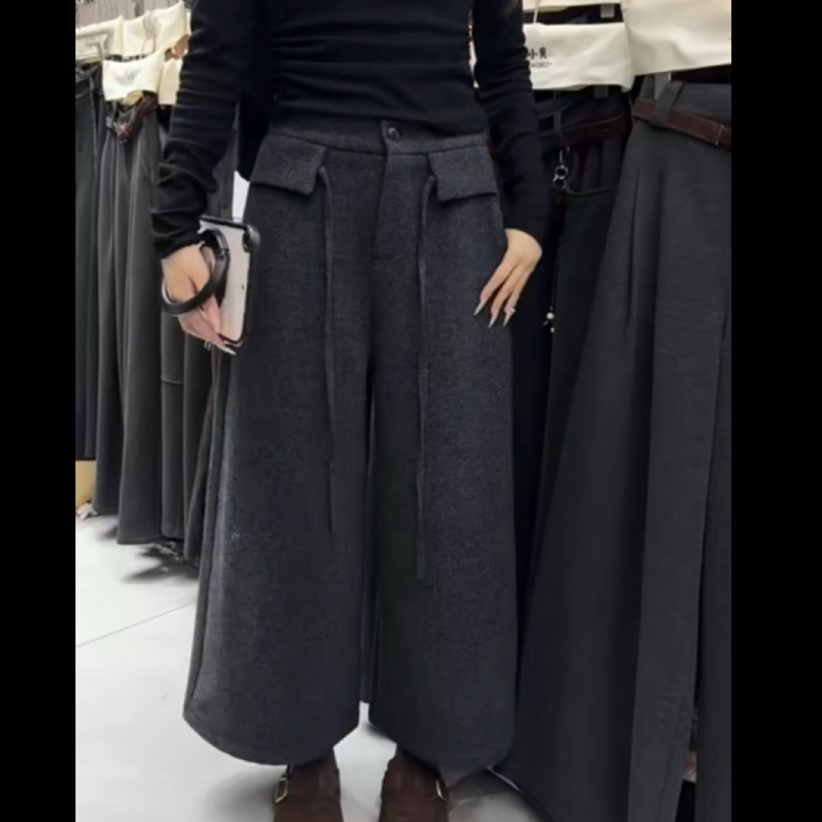 加绒加厚高腰阔腿毛呢裤女冬新款宽松显瘦抽绳休闲直筒裤9分