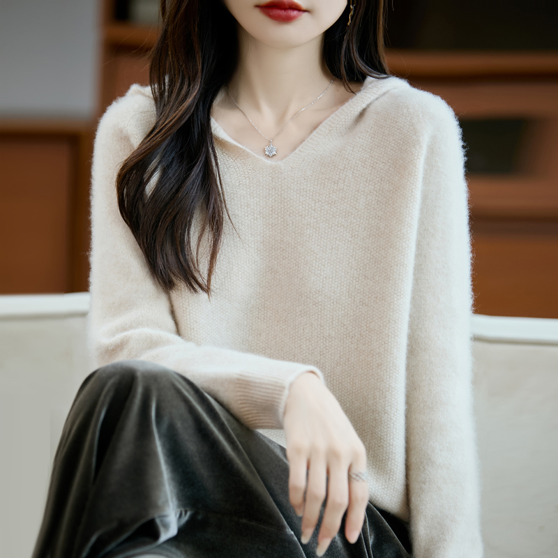 太美啦！一线成衣100纯羊毛衫新款桂花针连帽套头百搭时尚针织衫女