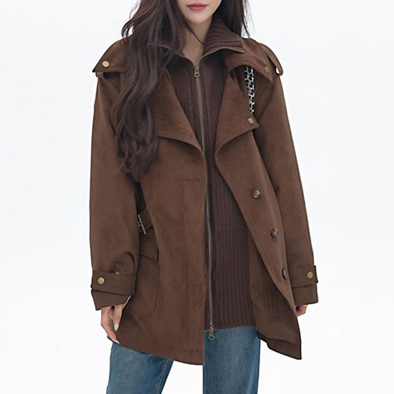 2025新款拼接加厚立领风衣女士宽松廓形收腰中长款棉服女冬季大衣