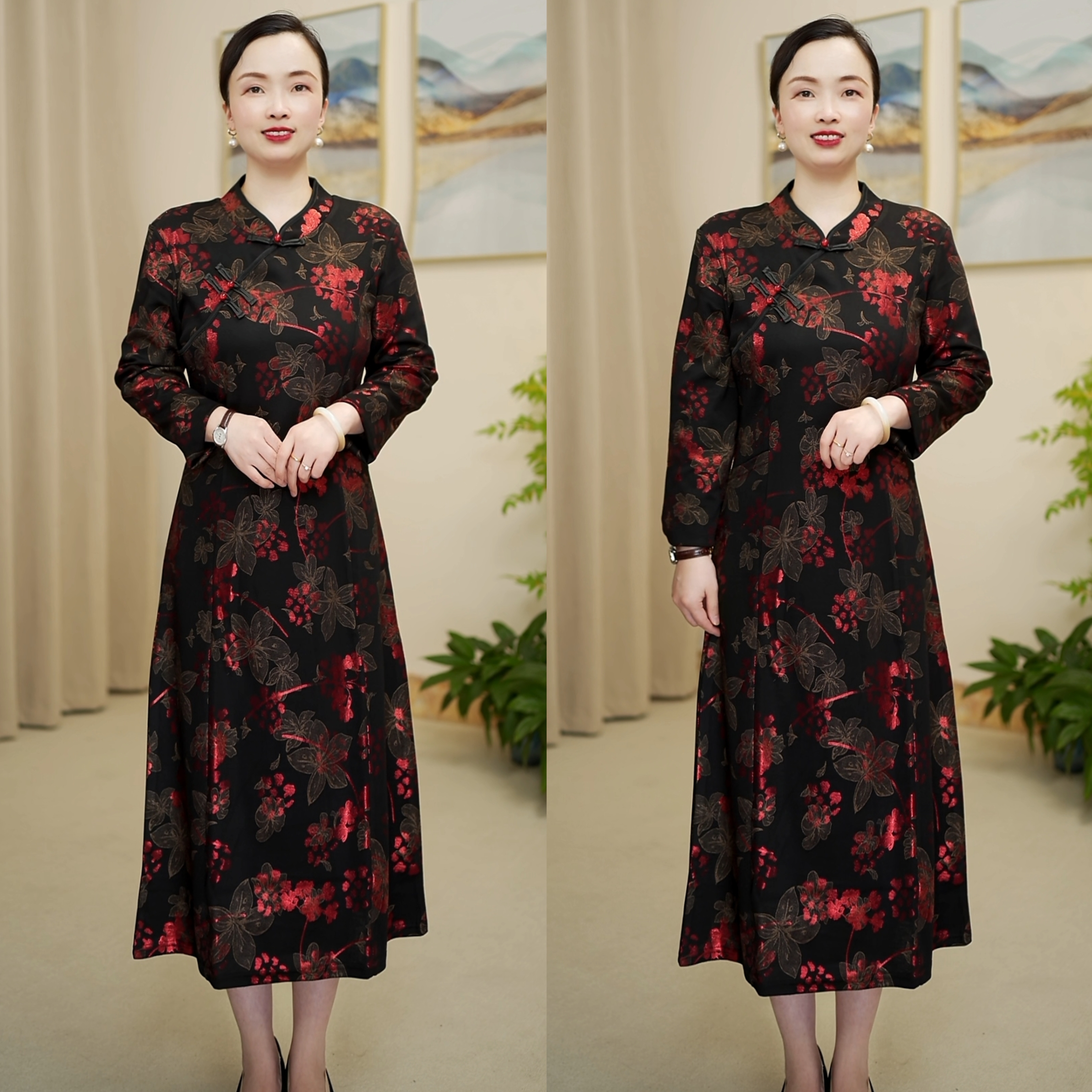 妈妈装春秋新中式改良旗袍中长款气质显瘦立领复古长袖碎花烫金