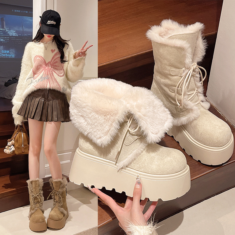 牛皮版~增高7cm网红加绒加厚底雪地靴女款皮毛一体秋冬短靴子保暖