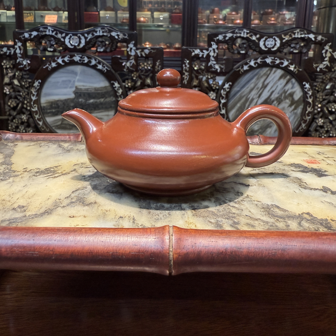 潮州朱泥原矿手拉壶虚扁壶全手工朱泥大红袍紫砂壶