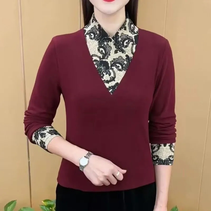 【双面澳绒】中年洋气秋冬新款高领叠穿百搭拼接时尚假两件上衣T恤