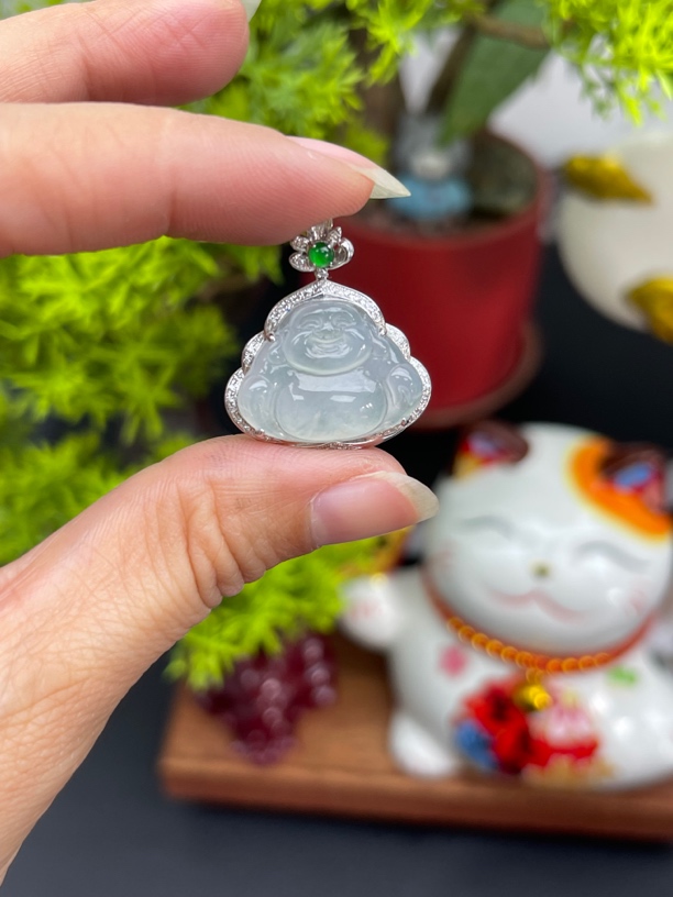 天然翡翠A货18K金镶嵌佛公吊坠