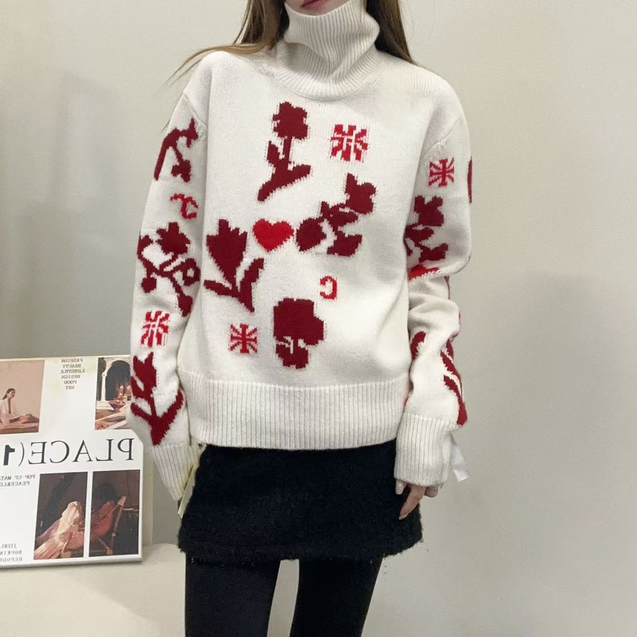 【百分百山羊绒】轻奢241652-100羊绒简约百搭款提花图案高领衫