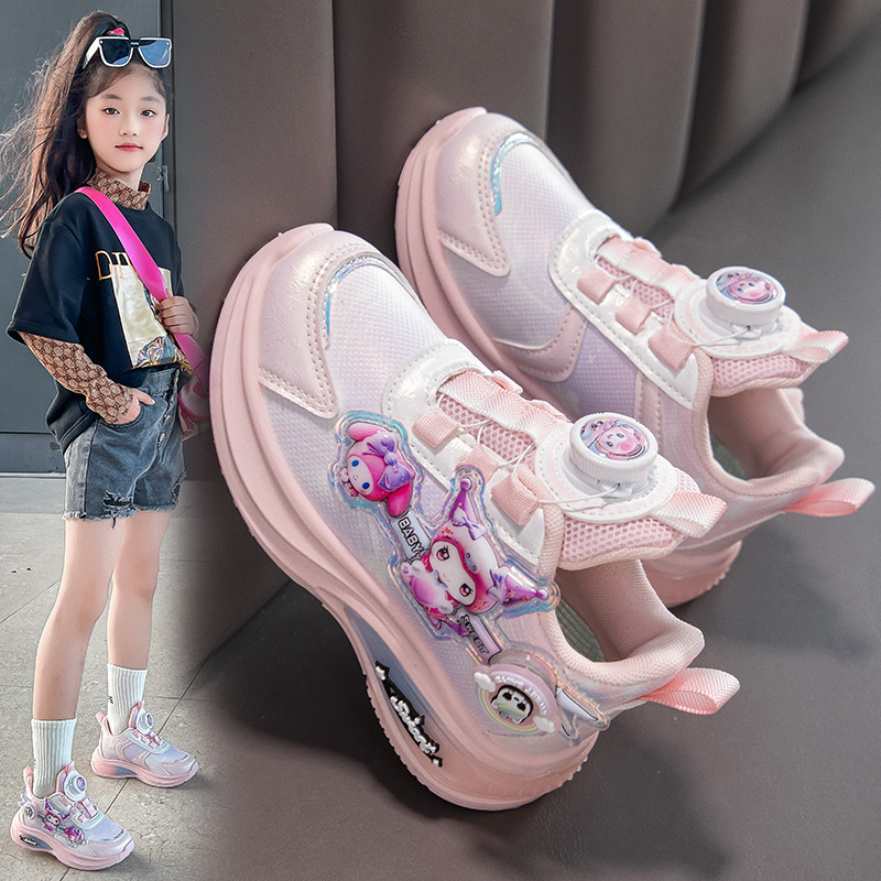旋转纽扣儿童运动鞋2025秋季新款女童学生跑步鞋小女孩老爹鞋皮面