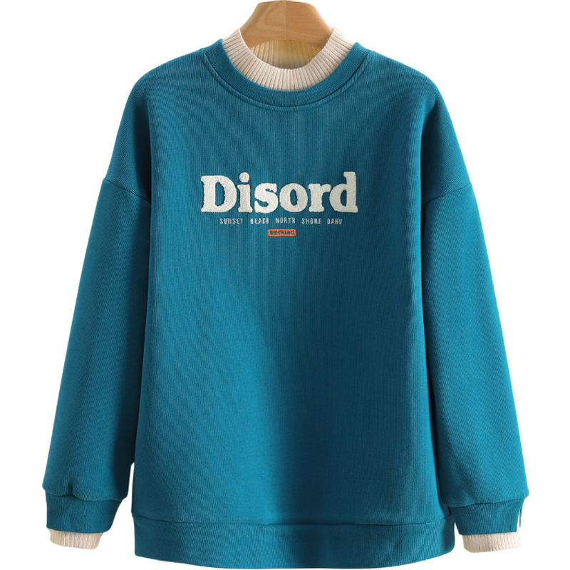 【开播福利】假两件拼接高领字母宽松套头卫衣#QQB48V001