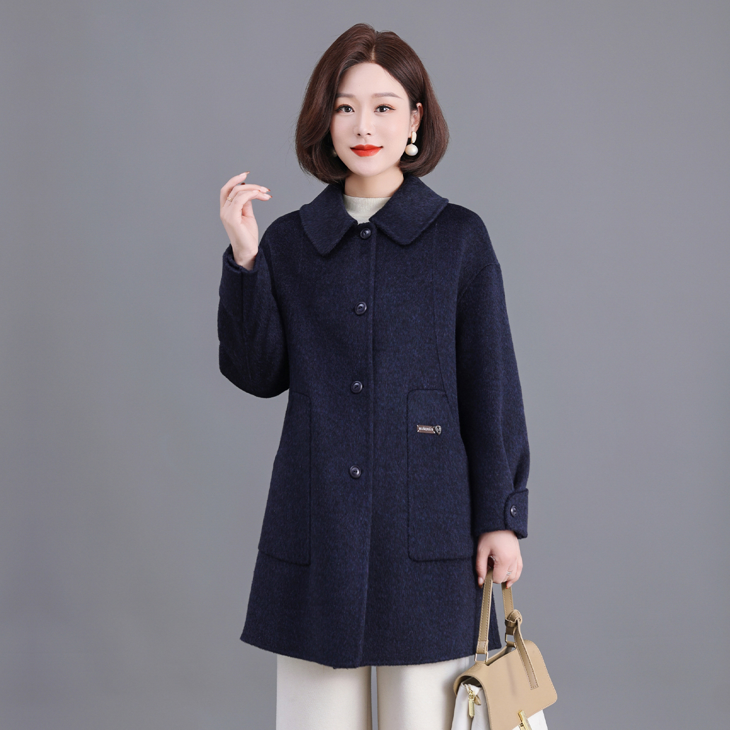 100%纯羊毛厚款秋冬双面羊毛大衣女宽松气质妈妈装高端纯羊毛外套
