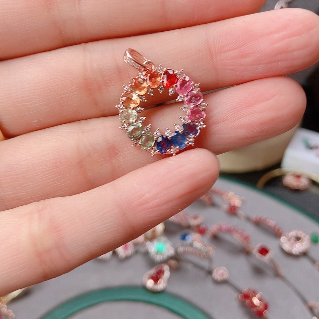 彩色蓝宝石吊坠(不含链)银S925镶嵌