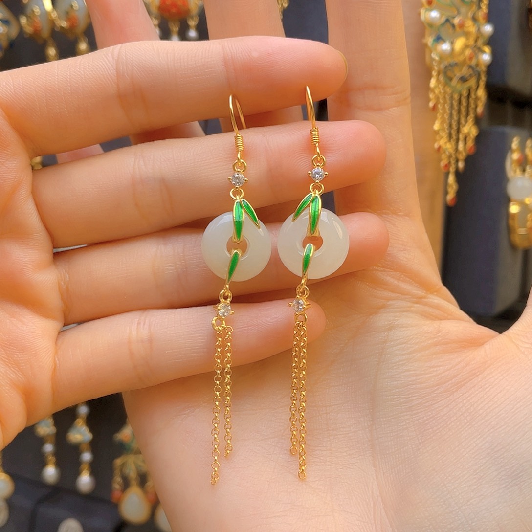 和田玉耳饰银S925镀金镶嵌