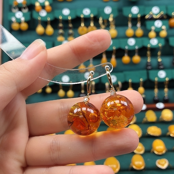 琥珀银S925镶嵌耳饰