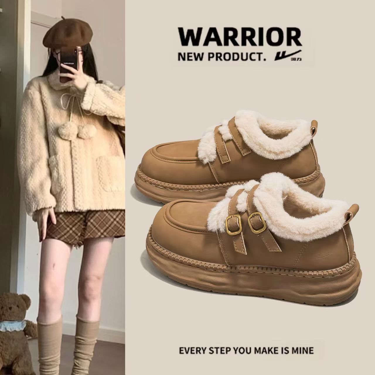 回力毛绒边勃肯鞋2026新款冬季女款加绒加厚棉鞋厚底保暖乐福鞋子商品图