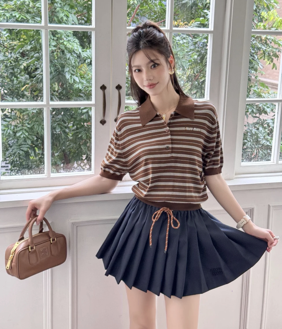 99新 MIU MIU/缪缪  aa一四四五 棉 24新款条纹短袖针织上衣 40码