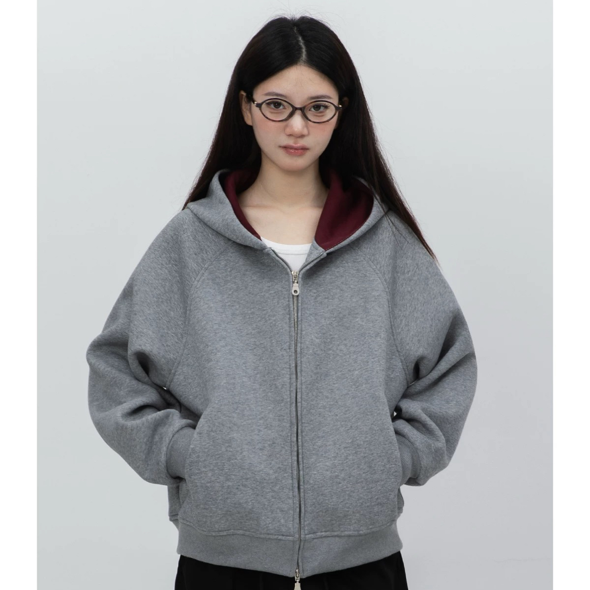 早春秋 帝王红内重磅开衫男女拉链连帽卫衣美式廓形Boxy短款夹克