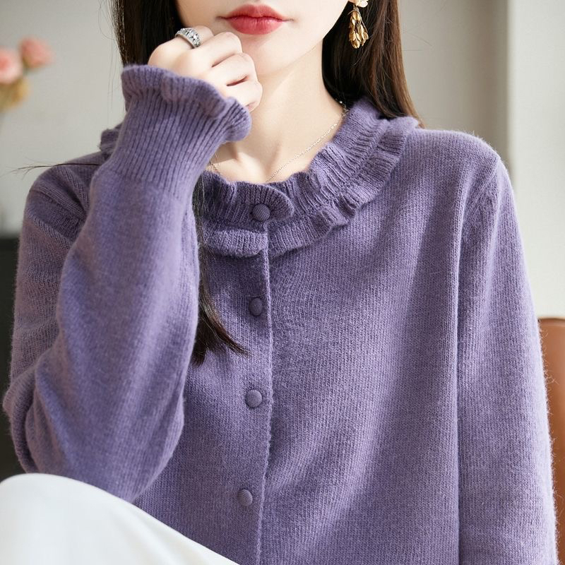 【繁花似锦】法式精致木耳边加厚针织开衫时髦减龄洋气外套保暖百搭