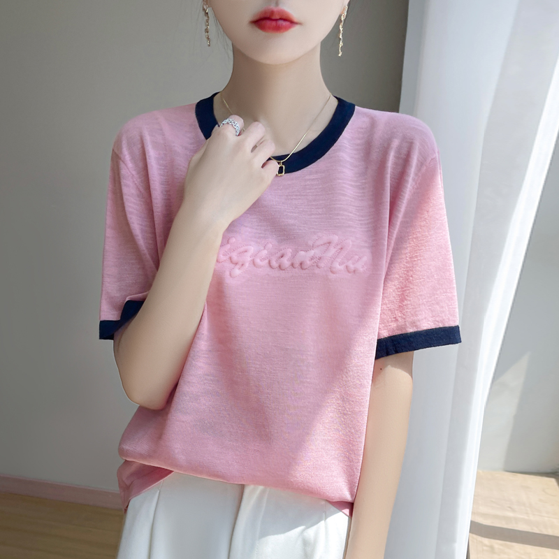 夏季新款竹节麻圆领拼色立体字母针织短袖洋气百搭时尚显瘦宽松