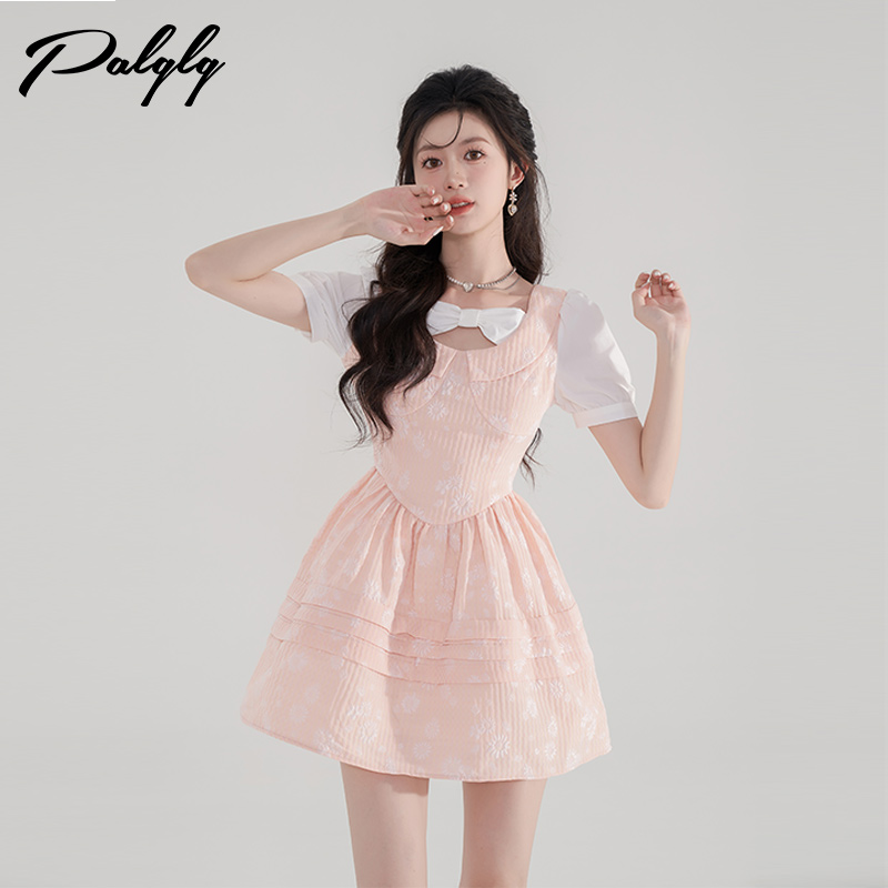 Palglg【48h现现飞】娃娃领蝴蝶结连衣裙初恋提花短裙女-32PDA40642