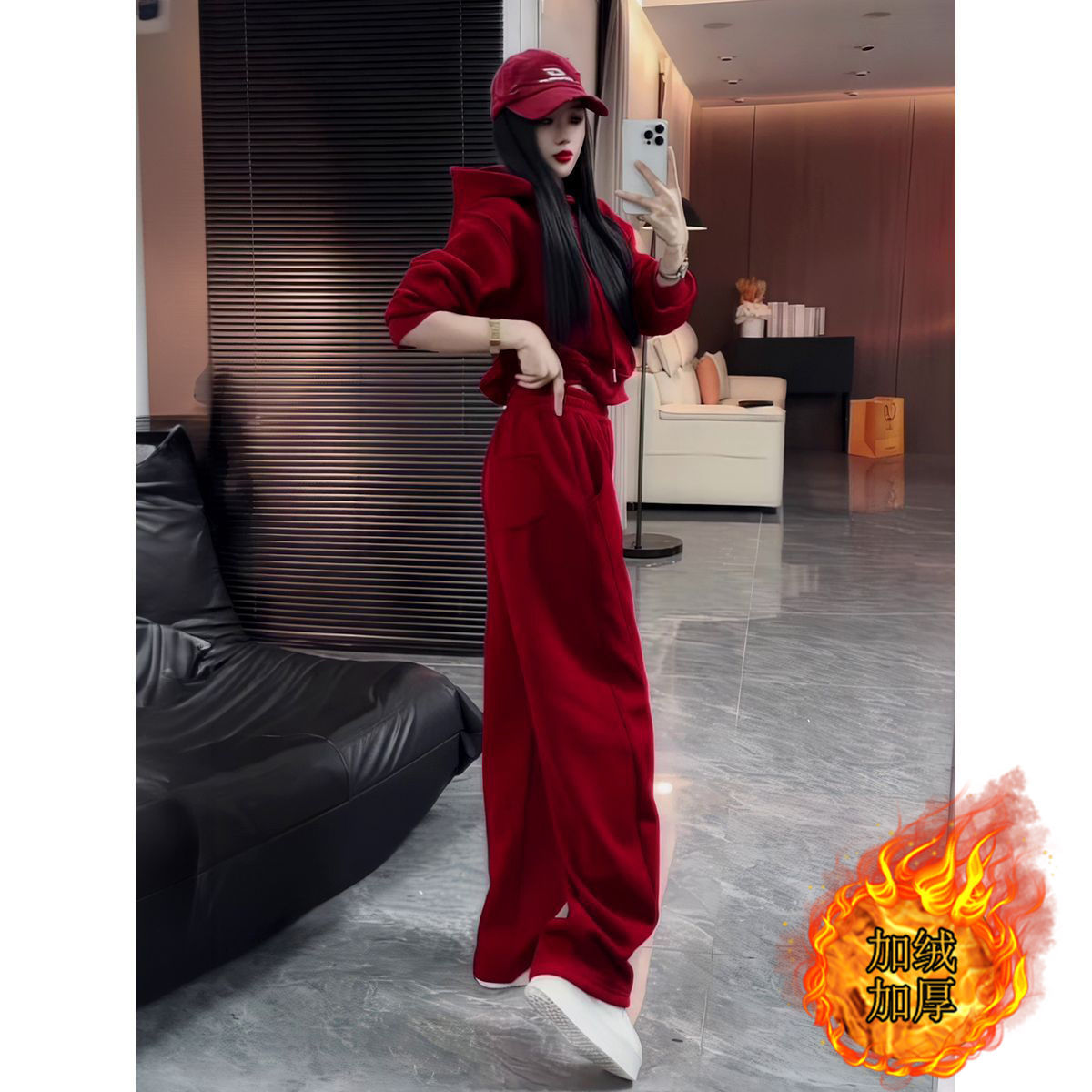 安可拉红色运动套装女秋冬新款宽松休闲卫衣阔腿裤时尚加绒两件套