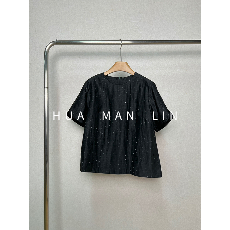 【花滿林】‘满天星系列’圆领烫钻龟裂纹真丝桑蚕短袖上衣259284