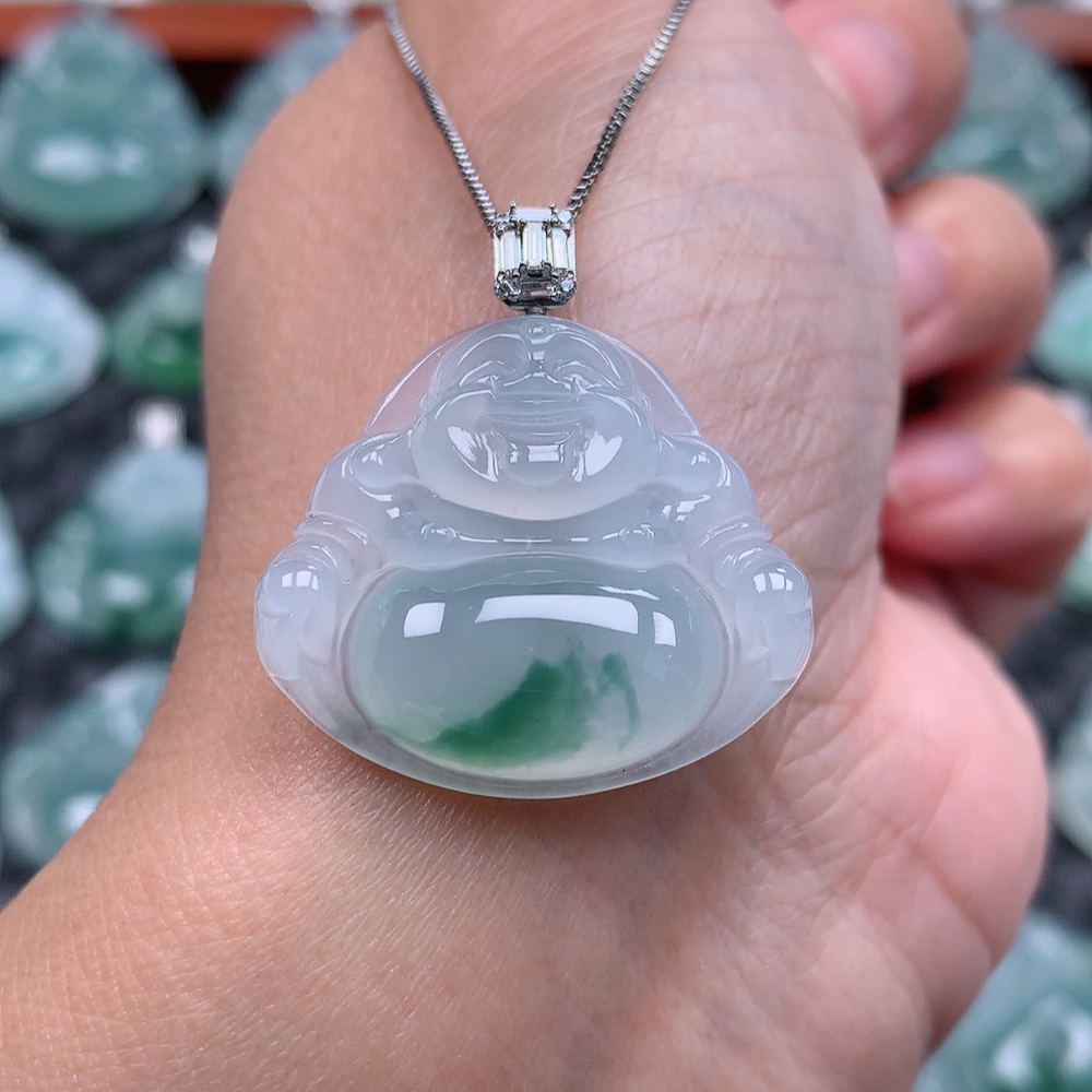 翡翠A货 18k金扣头冰胶感飘绿佛公吊坠 尺寸23.5×26.9×6.4