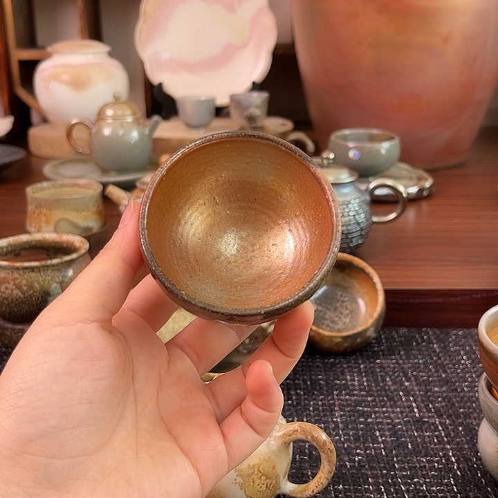 柴烧粗陶七彩主人杯