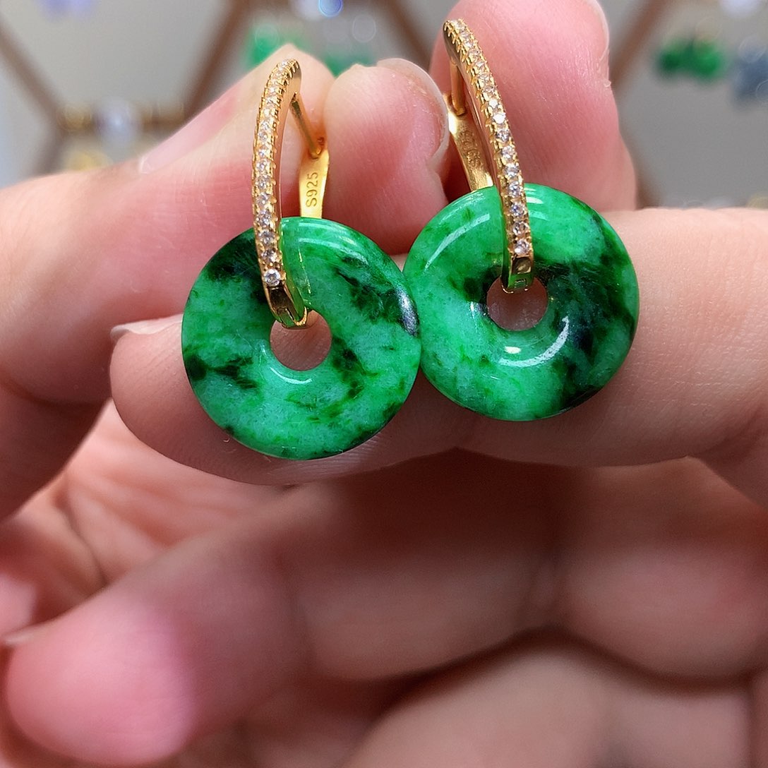 银S925镶嵌翡翠耳饰天然翡翠耳饰