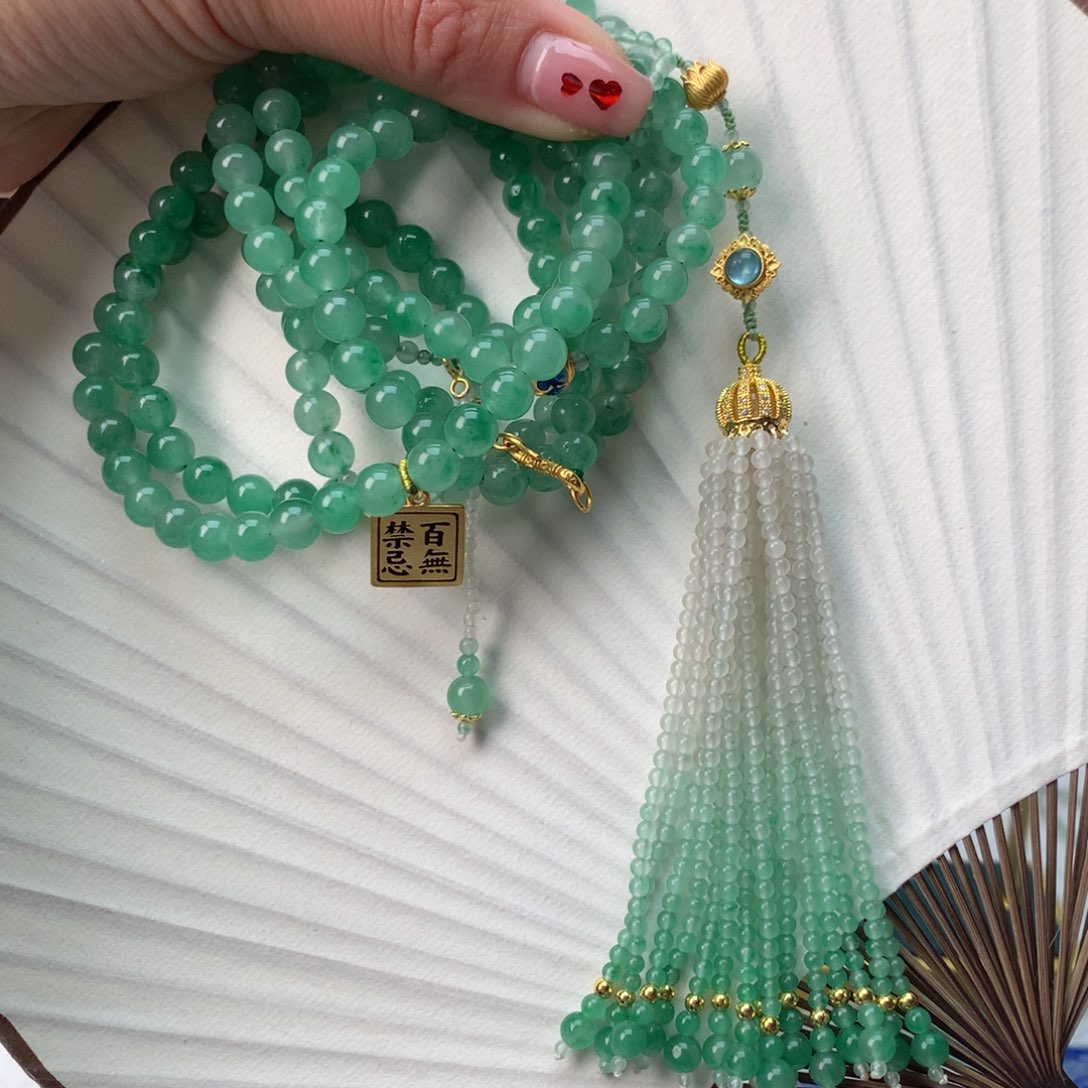 石英质玉冰飘花斜跨珠链银S925镀金镶嵌