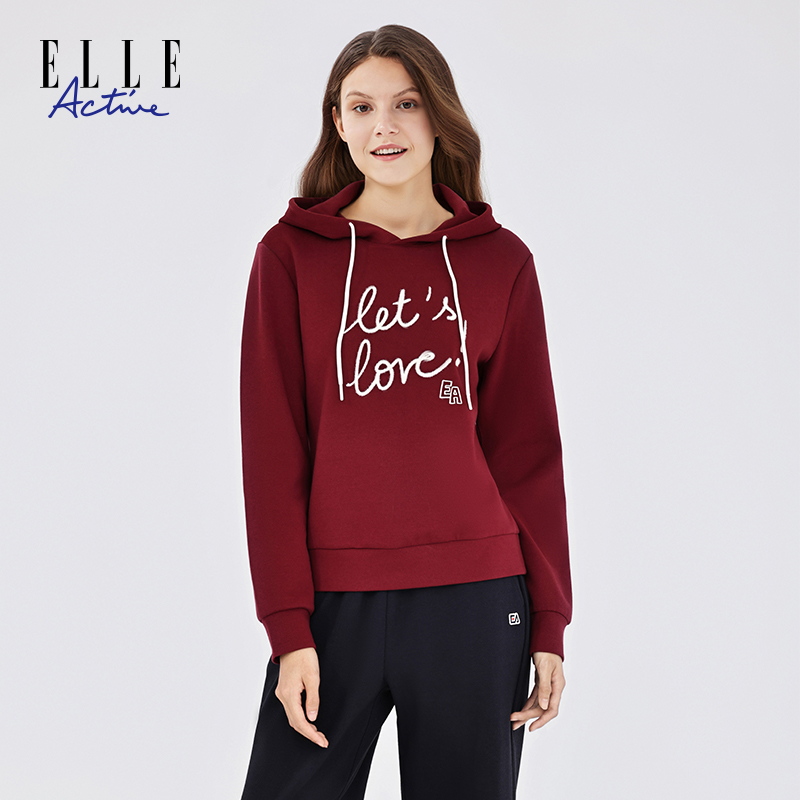 ELLE Active【字母刺绣】时尚连帽卫衣女长袖运动休闲套头上衣宽松