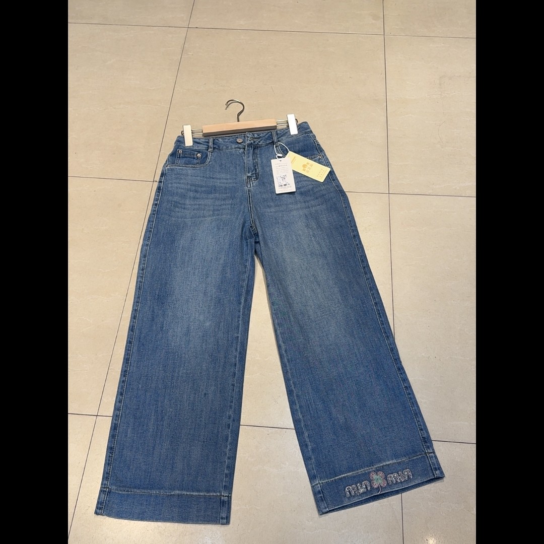 夏季薄款民族风刺绣小个子阔腿直筒牛仔裤