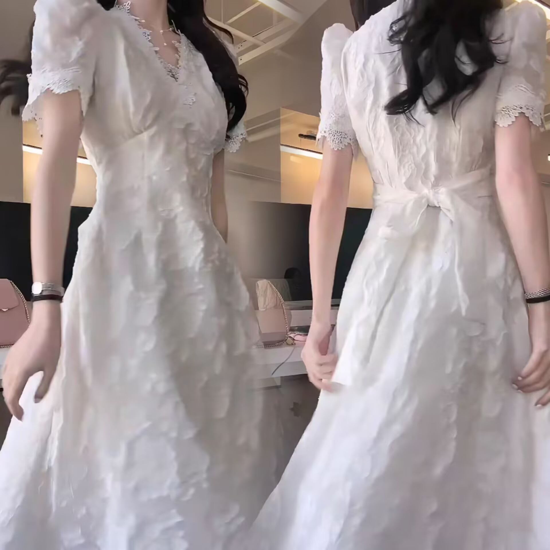 法式甜美V领连衣裙女夏季温柔风初恋茶歇公主裙高个子收腰长裙子