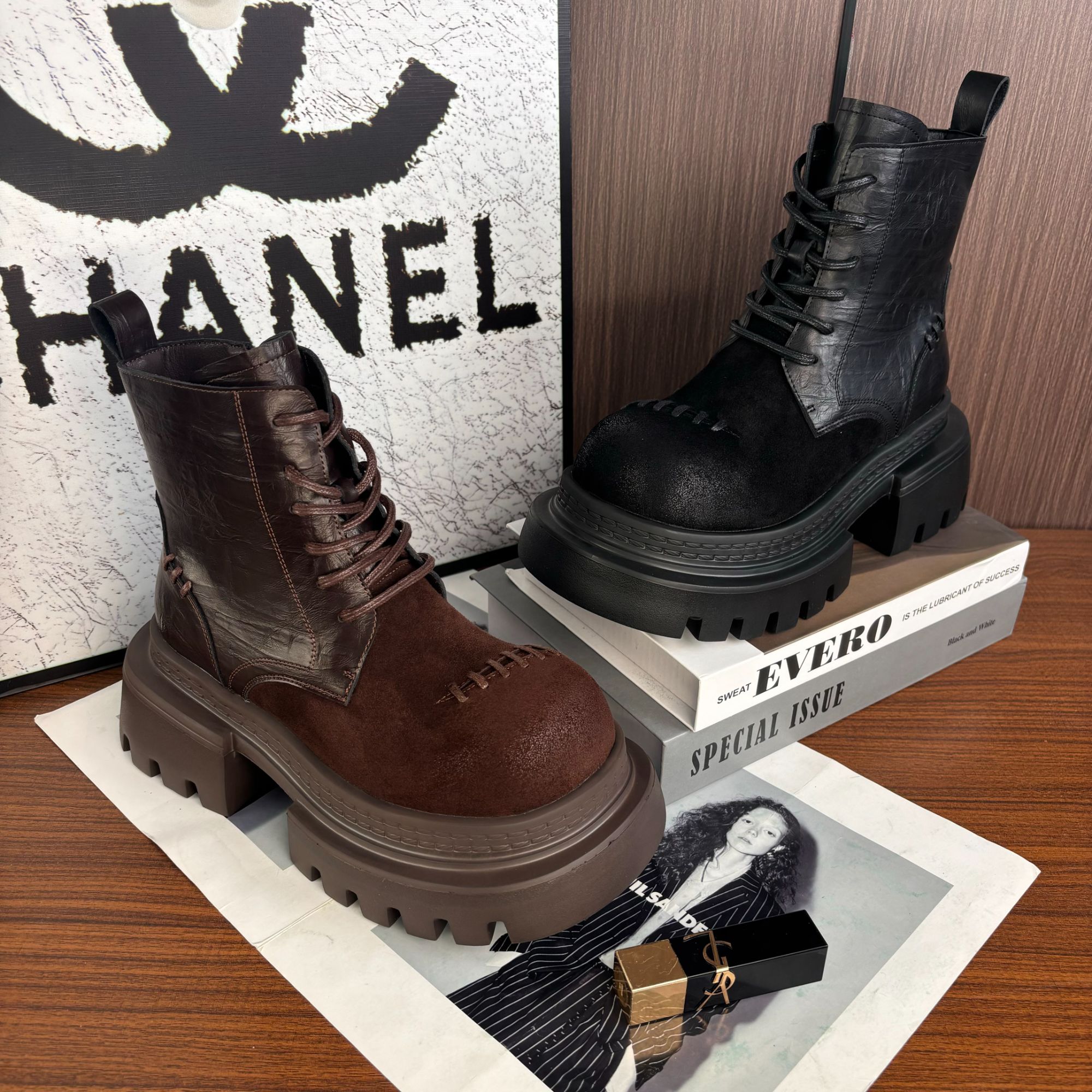 【SST●西江月】复古拼色中筒法式民族风英伦风秋冬马丁靴25SY00638