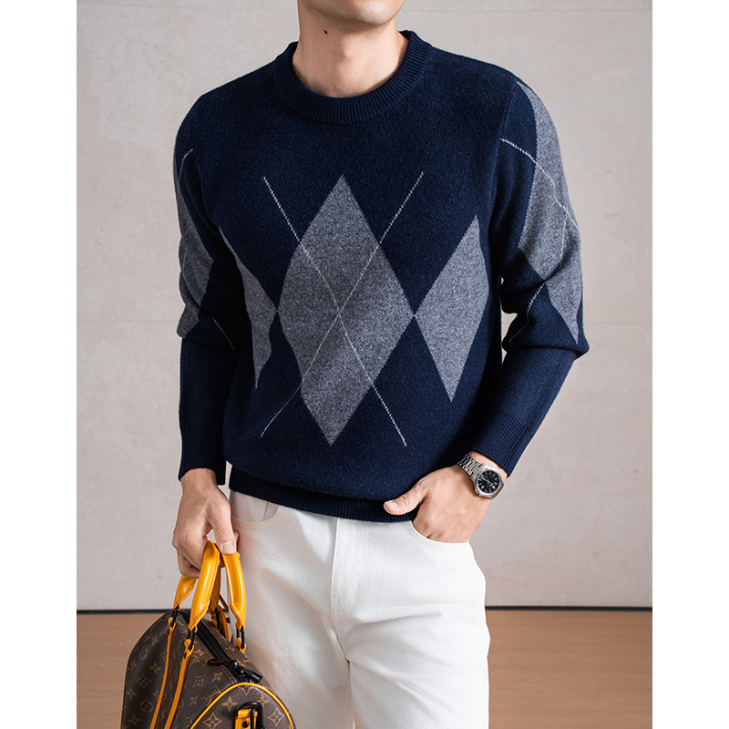 100纯羊毛 冬季加厚圆领羊毛衫男士高档菱形格毛衣纯色针织打底衫