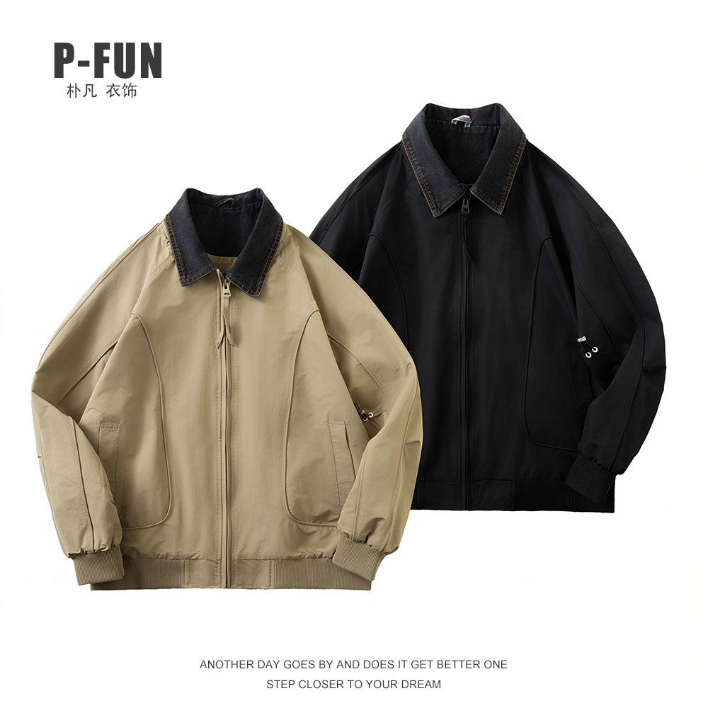 春季重磅新款设计师假两件夹克外套时尚百搭潮流纯色翻领外套