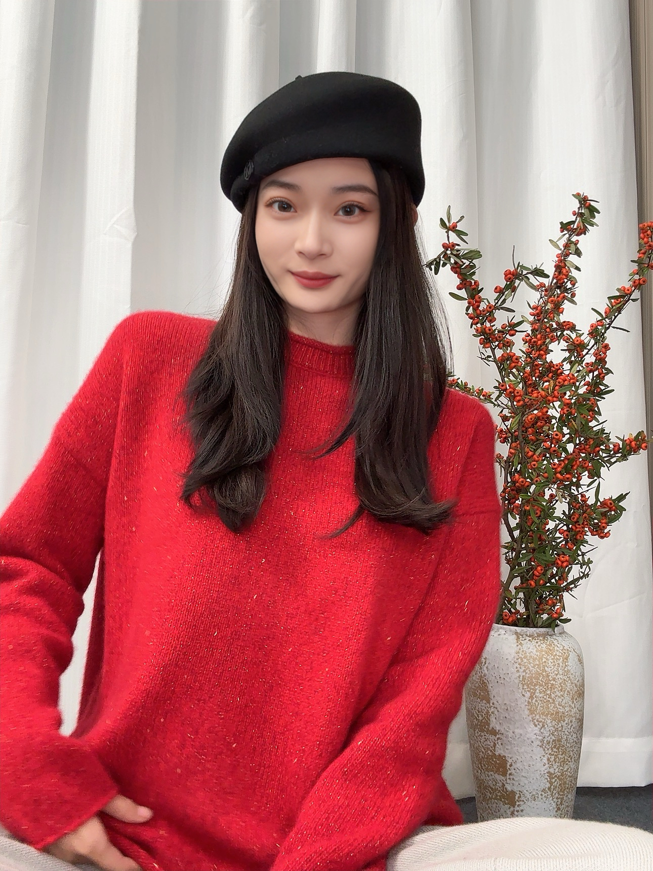 新年款红金丝圆领卷边羊绒花纱针织衫