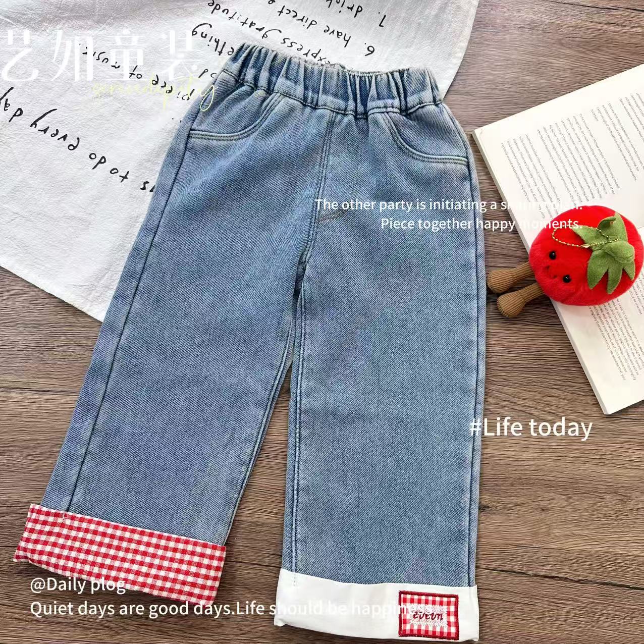 【那不勒斯】2025冬季上新韩系女童拼接格子刺绣加绒牛仔裤D-H527