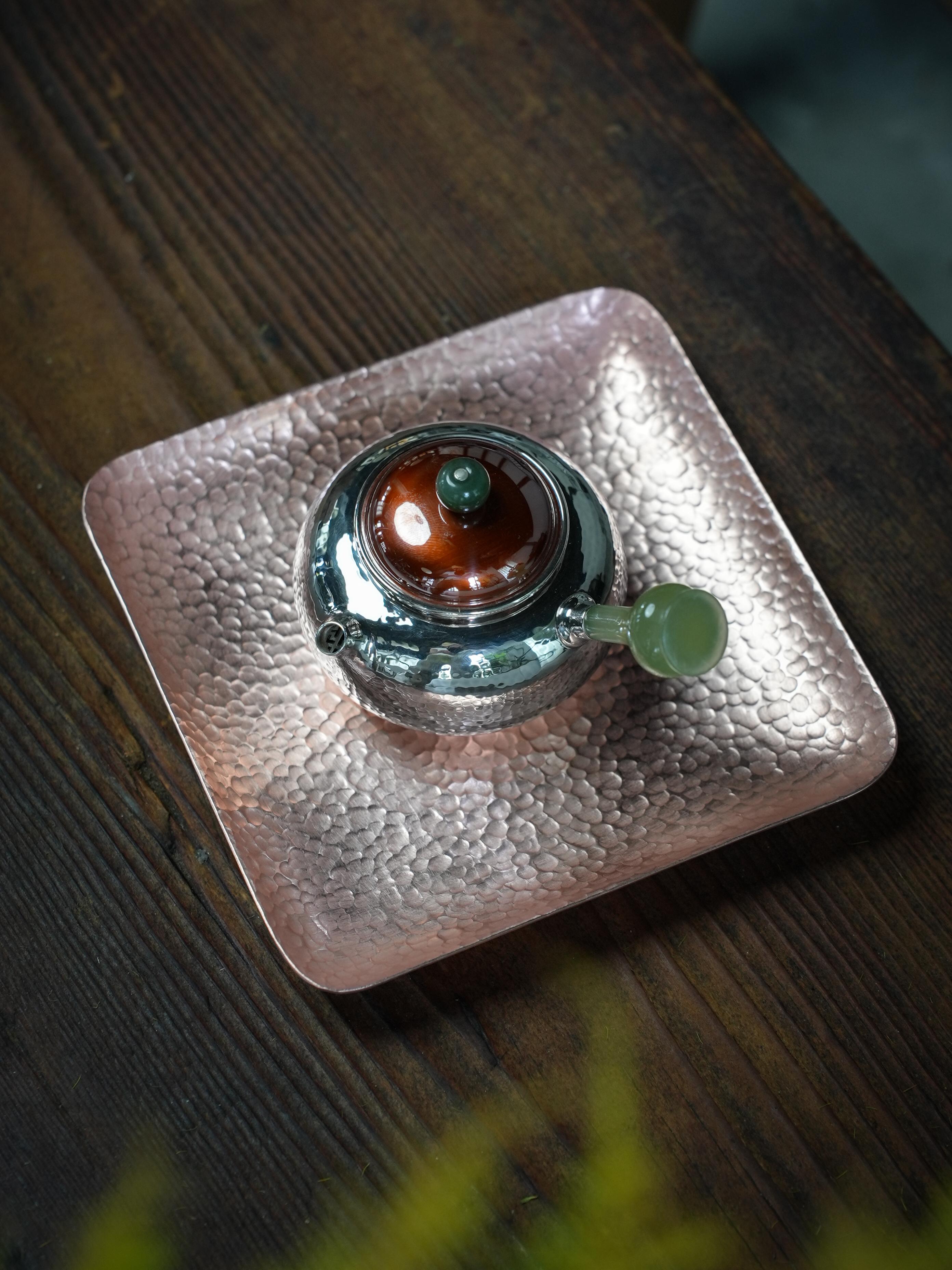 创意银器手作茶壶玉髓侧把急须壶小银壶泡茶壶