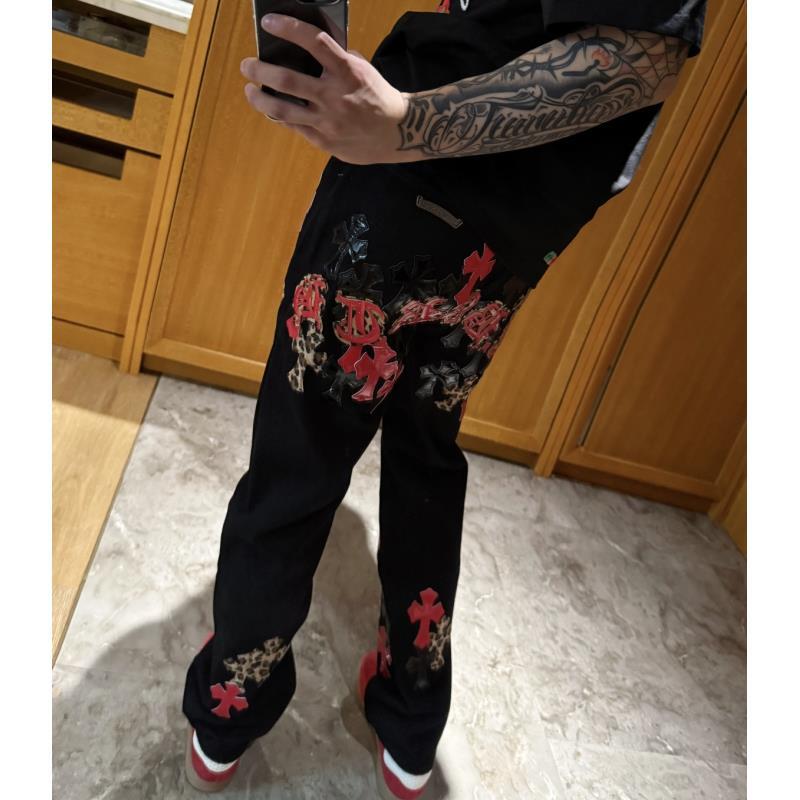 【西塔】新款街头潮牌十字架印花中腰宽松直筒男女直筒轻奢牛仔裤