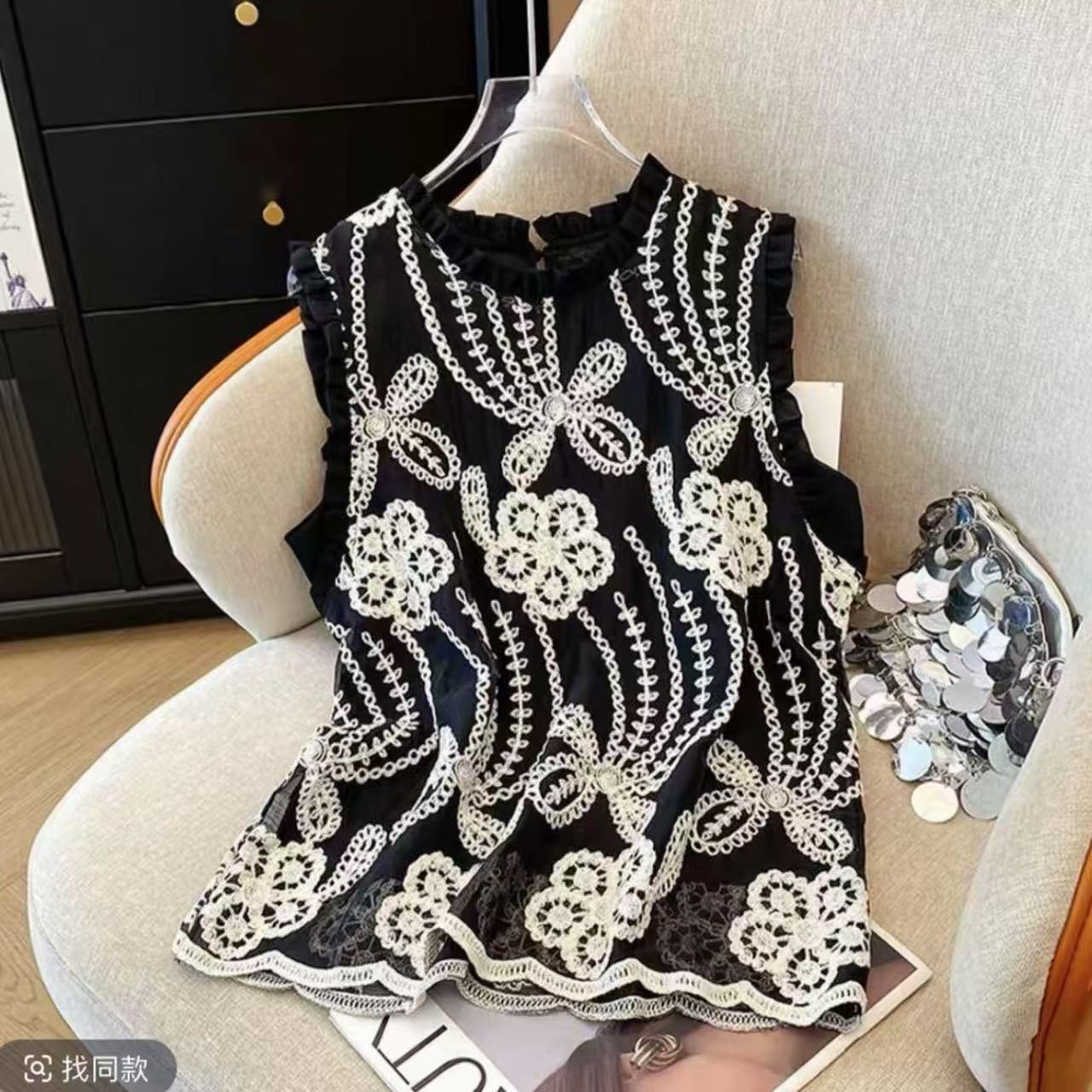 法式重工刺绣无袖衬衫女夏款2025高级感雪纺薄款网纱上衣8028