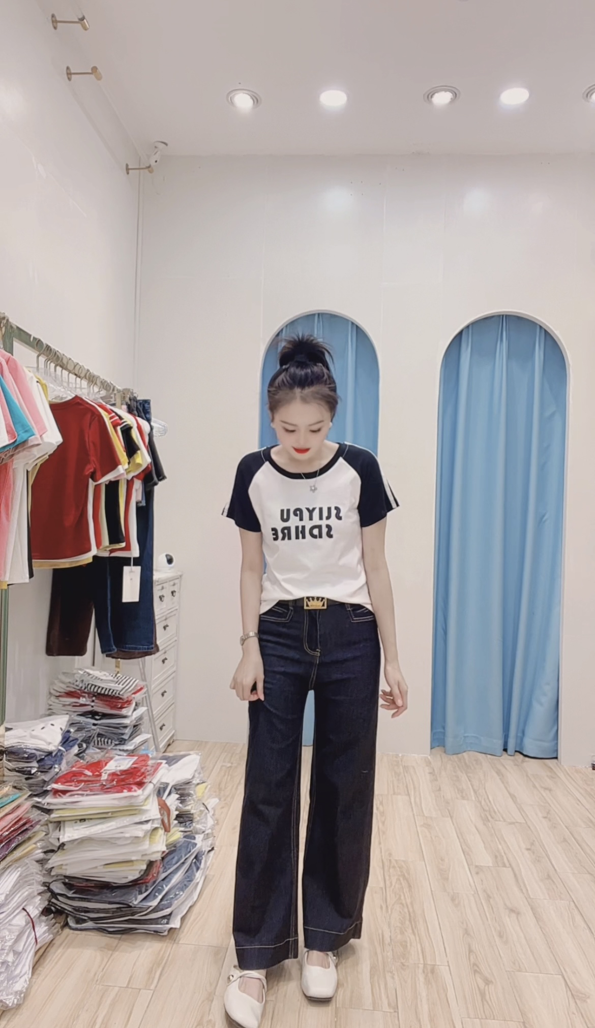 【小玉】新款时尚拼接撞色圆领短袖T恤上衣