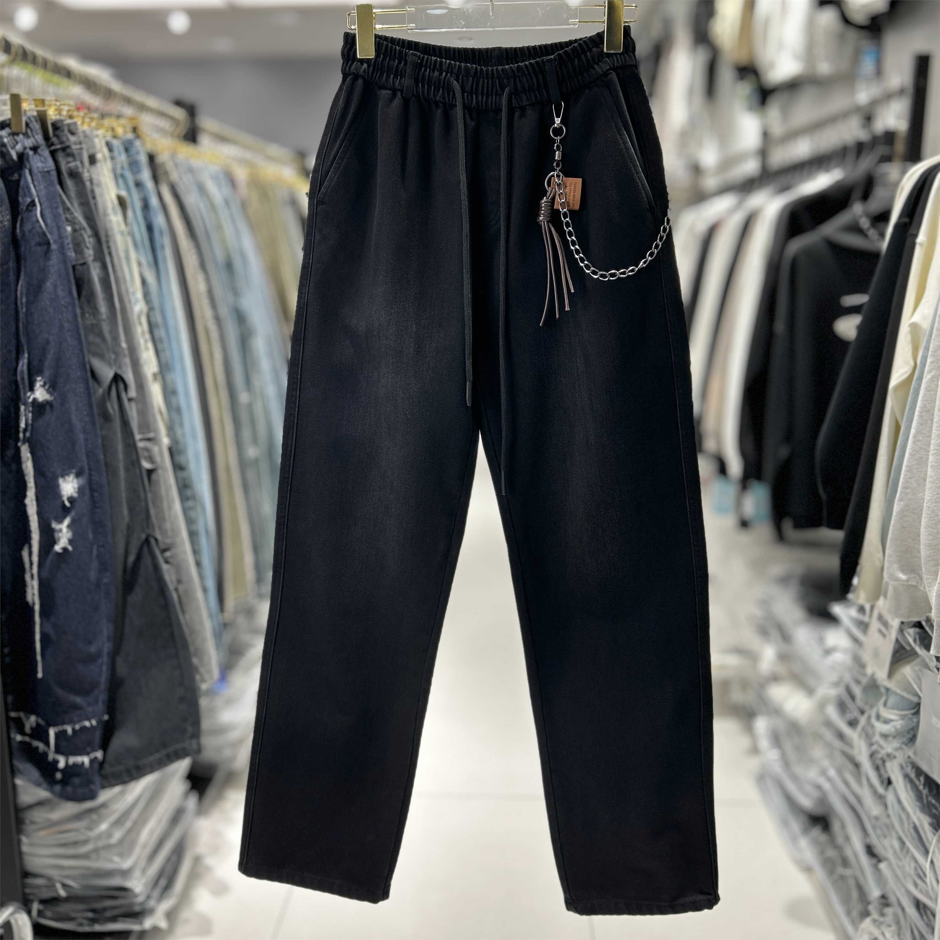 YM潮牌冬季美式复古加绒黑色牛仔裤挂链款运动风垂感直筒裤25523