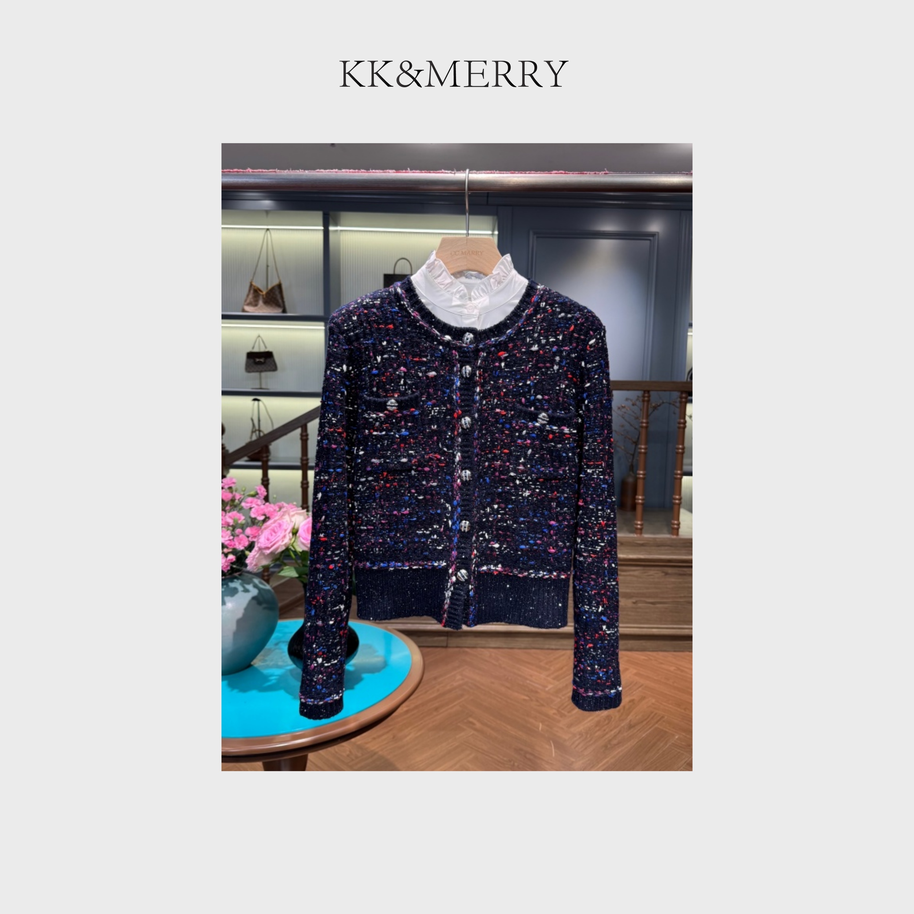 KK&MERRY设计感小香风百搭时髦彩线编织短款针织开衫KDJK760
