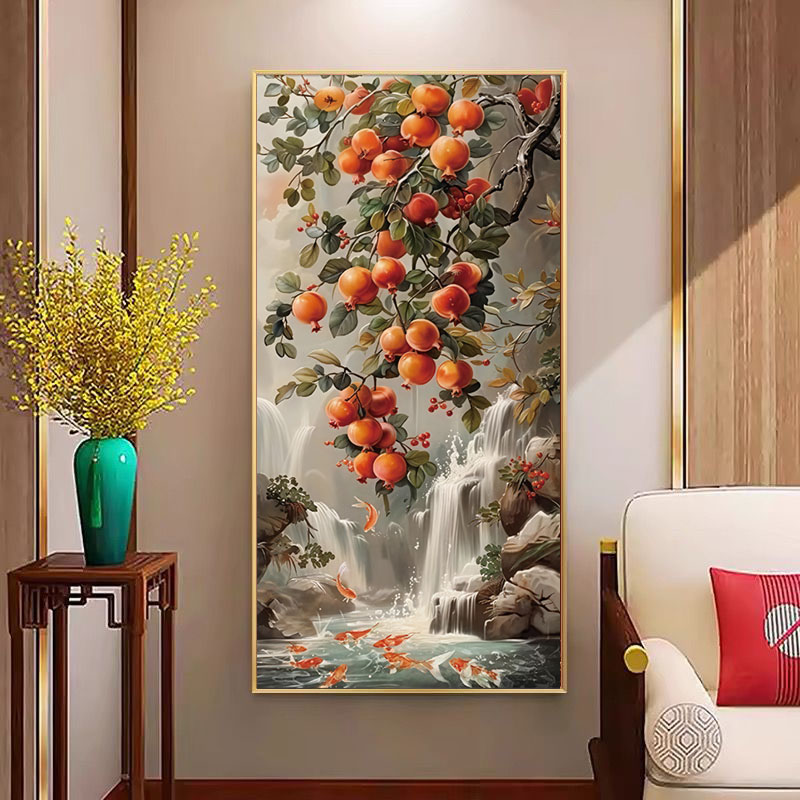 无品牌新中式多子多福石榴玄关装饰画流水生财带灯入户壁画