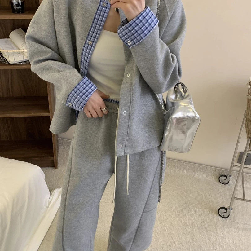 25新款家拼接格子开衫套装时尚休闲宽松百搭2505轻奢